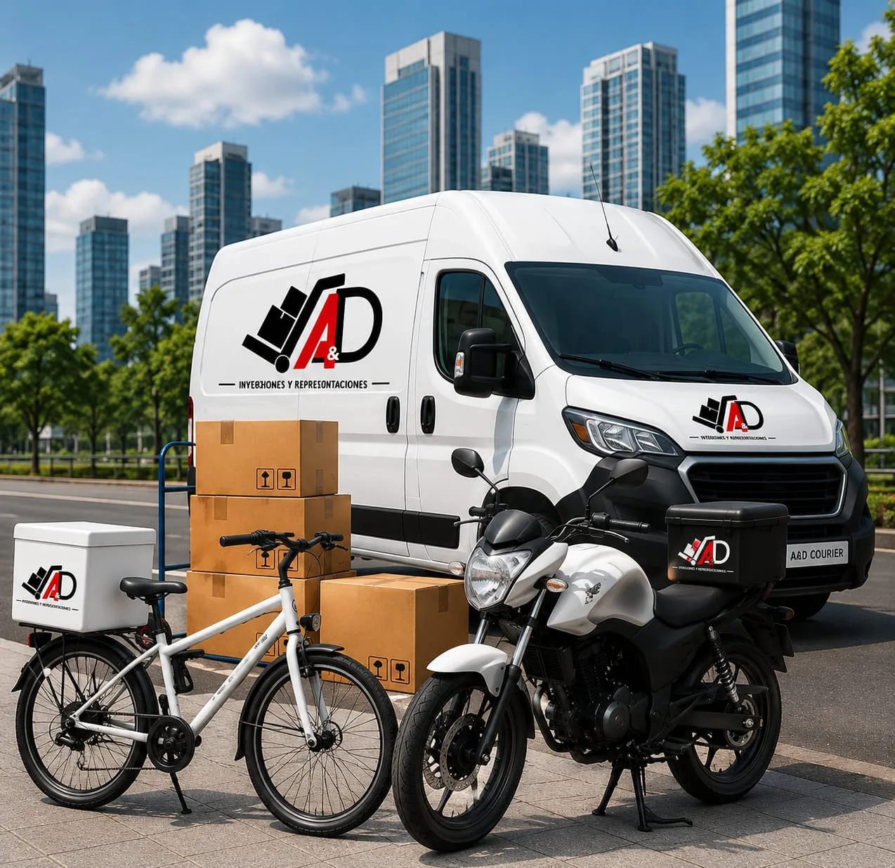 Flota de courier de A&D: furgoneta, motocicleta y bicicleta de reparto con cajas