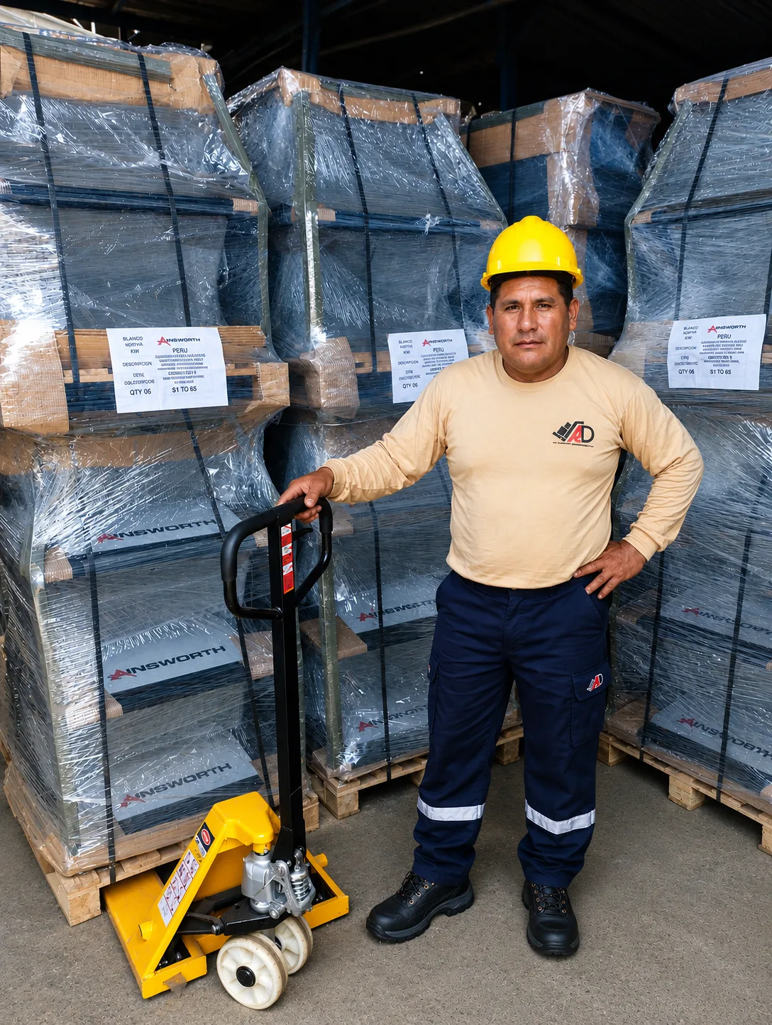 Operario de A&D con estoca hidráulica brindando apoyo en almacén