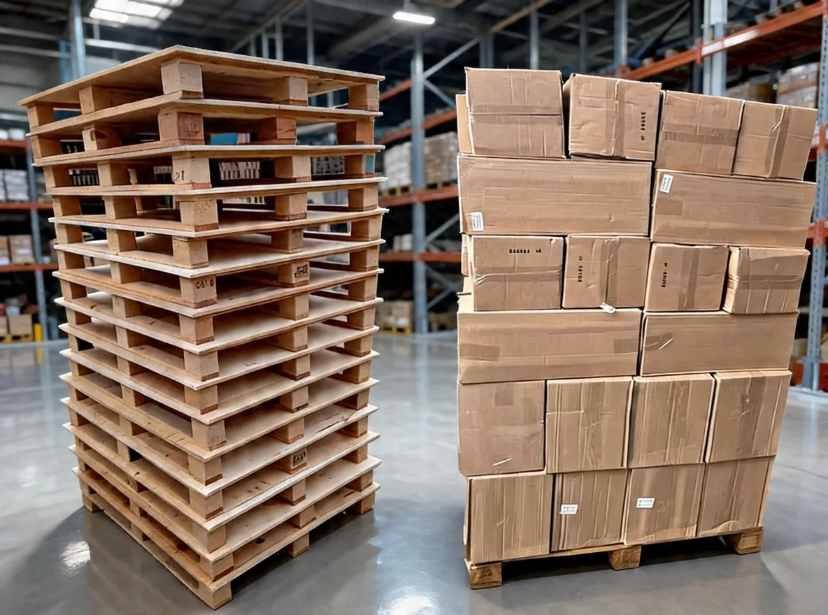 Pallets de madera y cajas embaladas listas para despacho en almacén